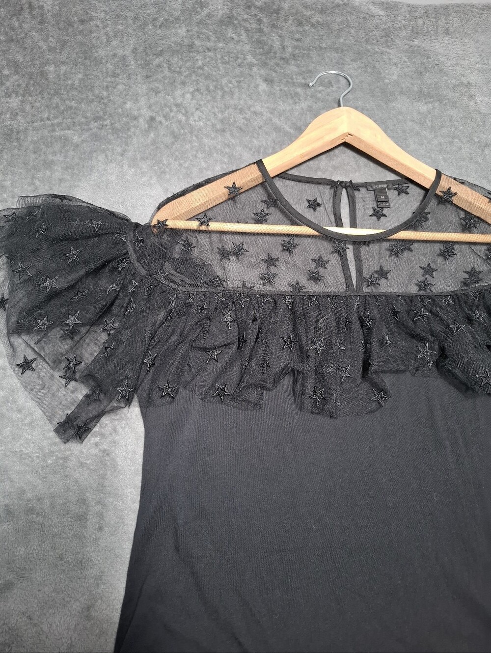 J.Crew Women's Star Mesh Yoke Ruffled Short Sleeve Black Blouse Sz M Whimsigoth - Picture 8 of 10